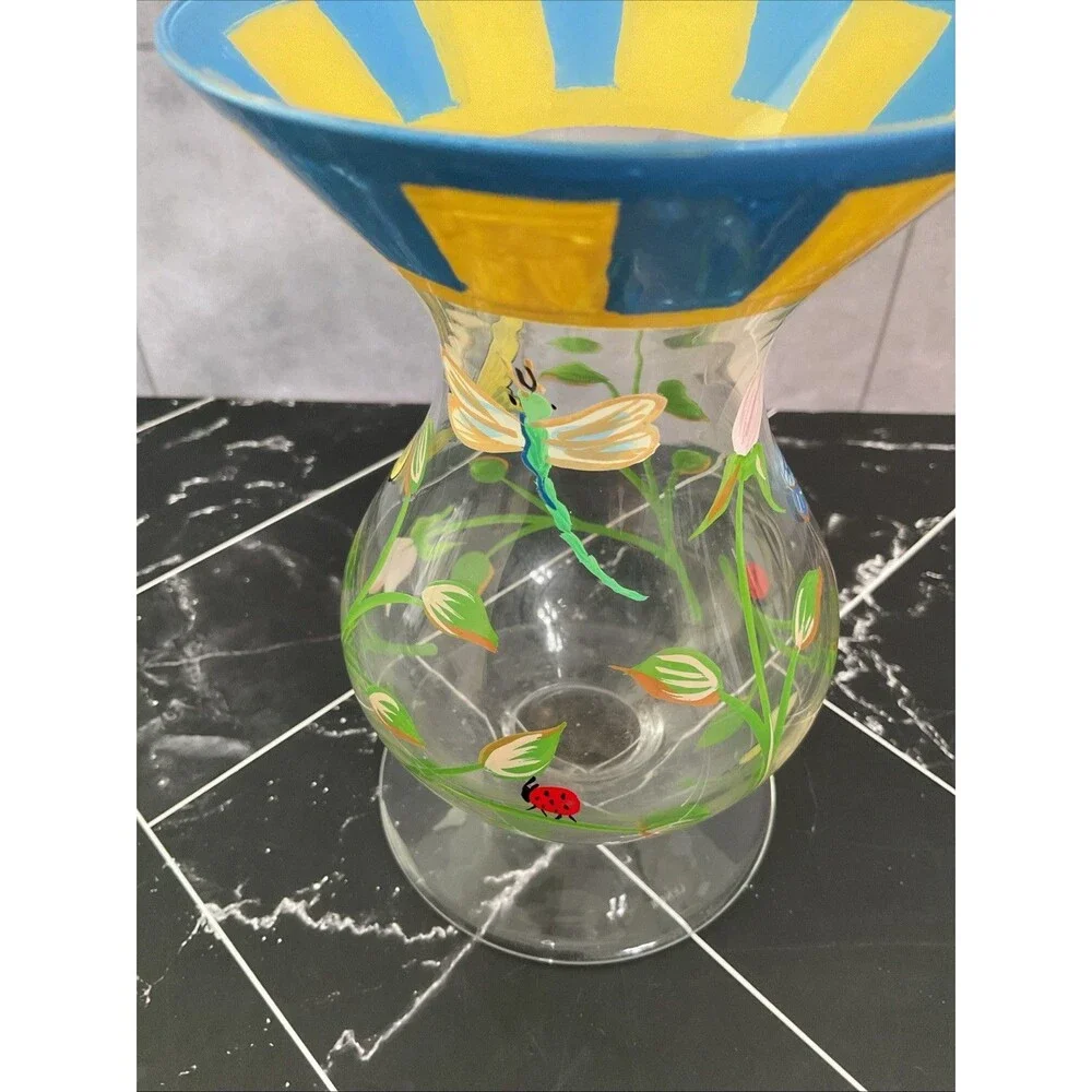 Butterfly Meadow Dragonfly Ladybug FlowerHand Painted Glass Vase 6”